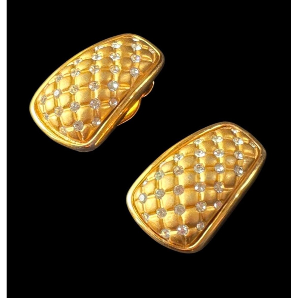 Swarovski Signed Swan Basket Weave Rectangular Dome Crystal Earrings Clip Back